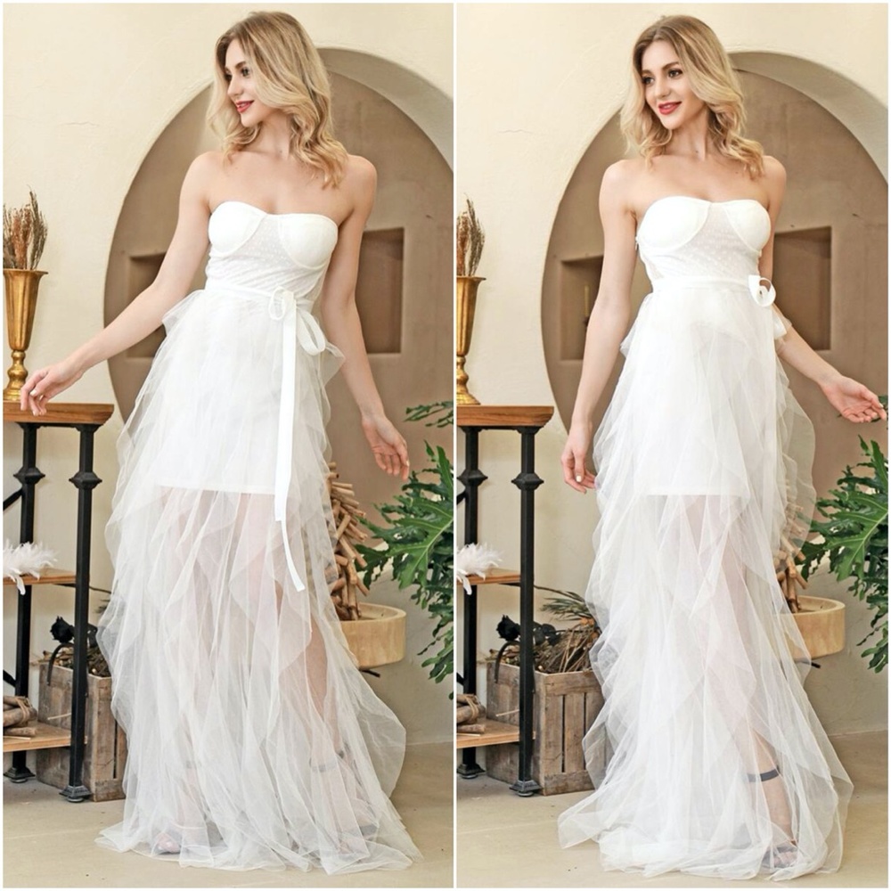 White belted boho mesh ruffle maxi dress wedding - Picture 3 of 3